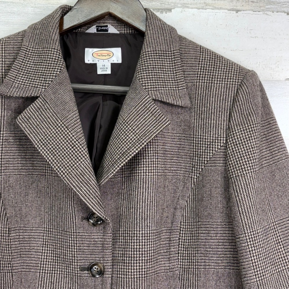 Talbots Petites Womens Beige Tan Plaid Blazer Jacket 14P Wool Stretch Career